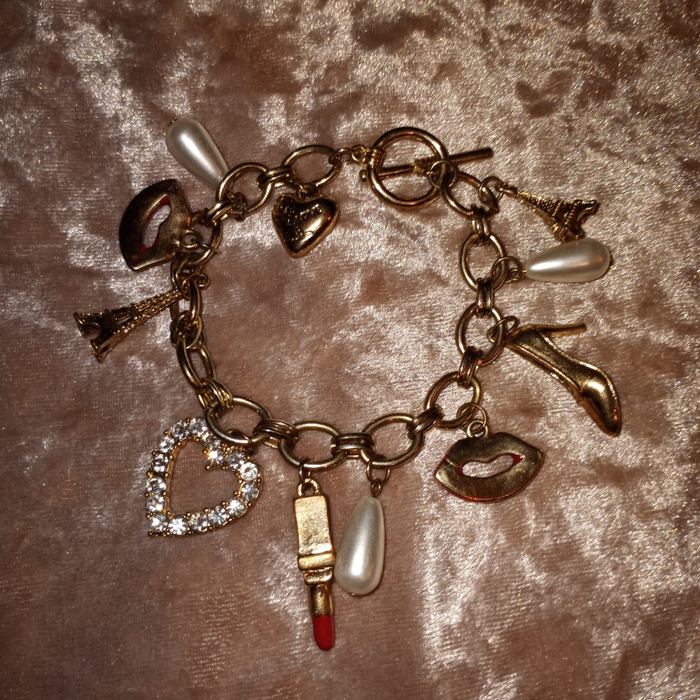 Girly Makeup, heart, Eiffel Tower, Shoes, Lips & Pearl Rhinestone Charm Bracelet